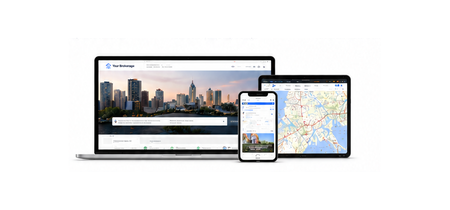 Responsive real estate website shown on laptop, phone, and tablet